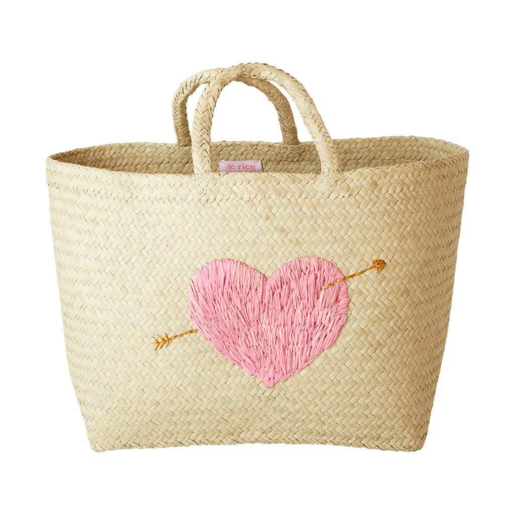 Sac shopping coeur rose raphia naturel taille moyenne - RicebyRice
