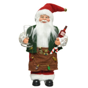 Père Noël polyester avec verre à pied et bouteille de vin H30cm - Kaemingk