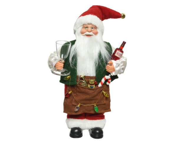 Père Noël polyester avec verre à pied et bouteille de vin H30cm - Kaemingk