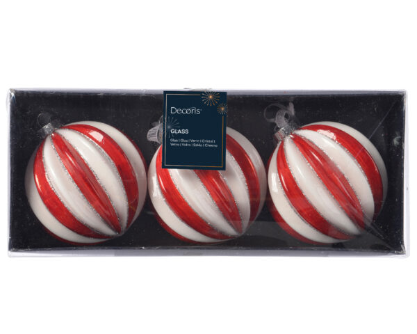 BOULES en verre côtelé rouge et blanc bord paillettes - Lot de 3u. - Kaemingk