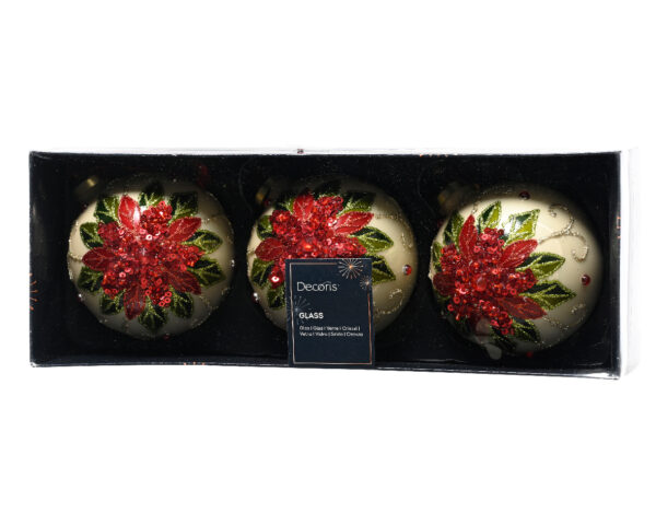 Boules en verre avec feuilles, paillettes et gemmes Lot de 3 - Kaemingk
