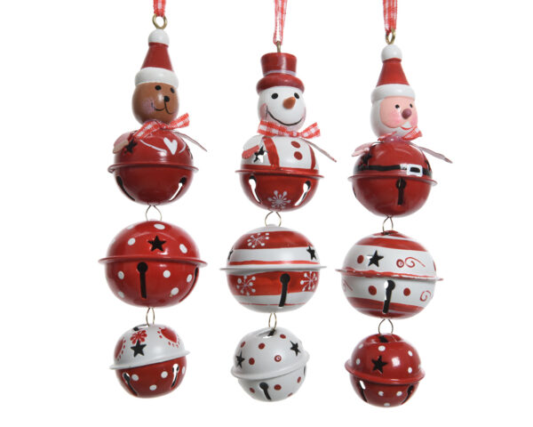 Cloches en fer ours, bonhomme de neige et père Noël rouge et blanc - Kaemingk