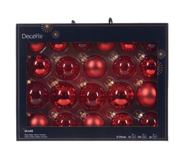Boules verre brillant, mat et transparent lot de 21u. rouge - Kaemingk
