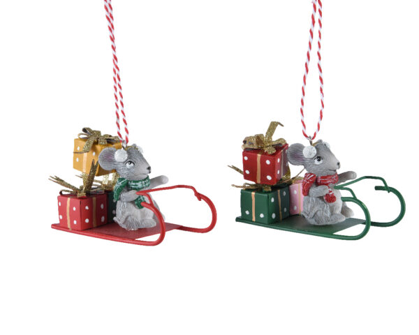Souris de Noël en polyresine avec luge métal - Kaemingk