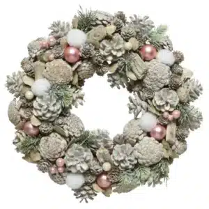 COURONNE blanchi, paillettes perles, boules roses et coton - Kaemingk